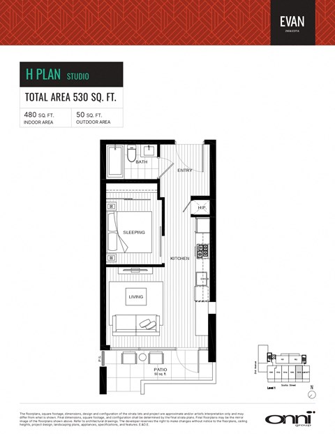 Floor plan for 1 bed, 1 bath, 480 sqft